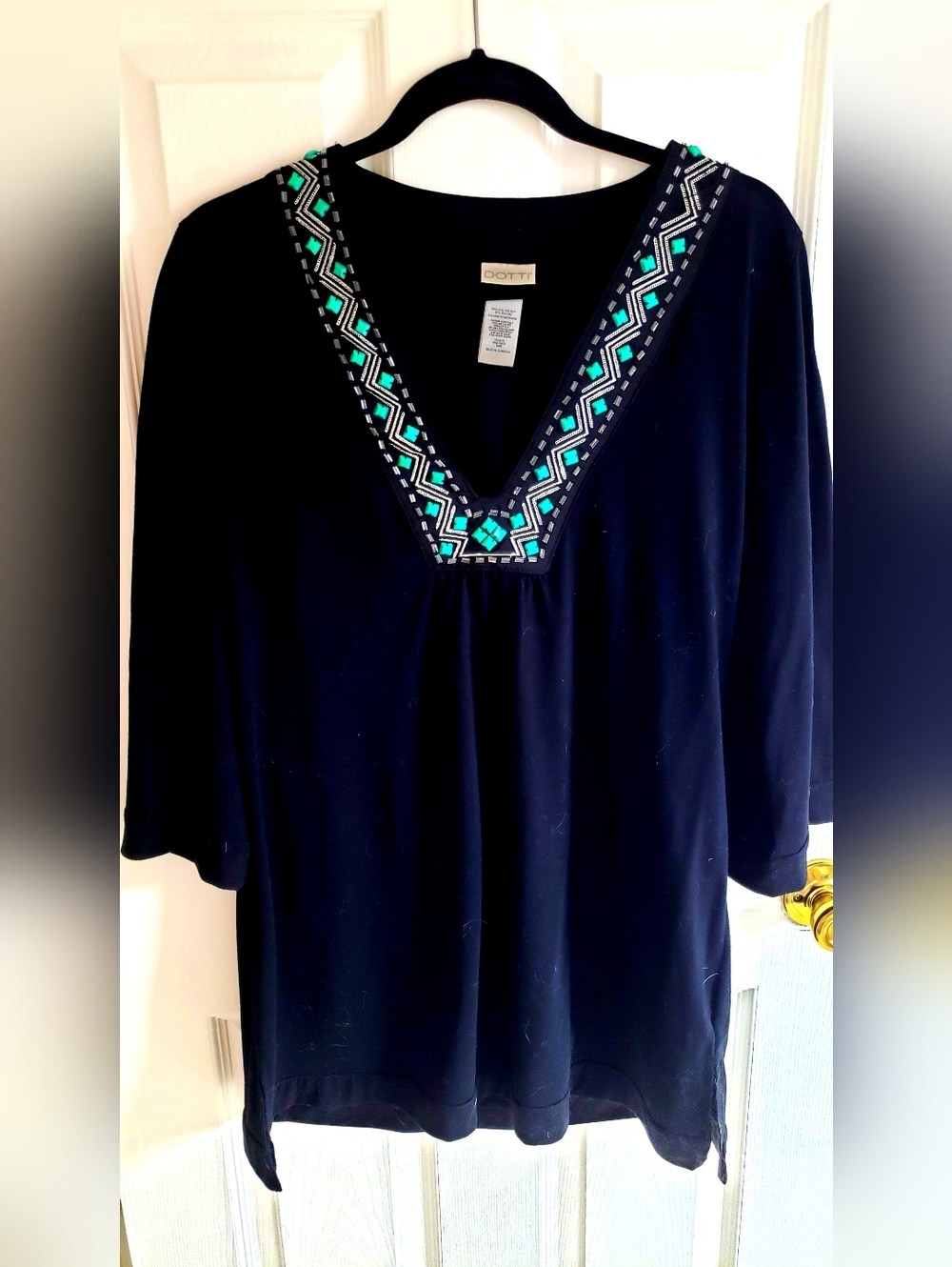 Deep V-neck Tunic, Black W/Intricate Turquoise Ornamentation, Fits Like L. Dotti
